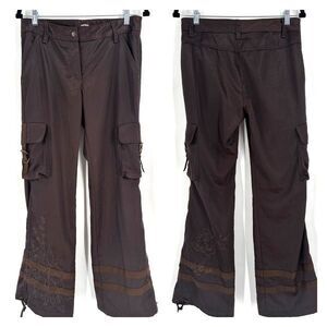 Y2K Express Cargo Floral Embroidered Wide Leg Pants Brown Size 4 Satin VTG
